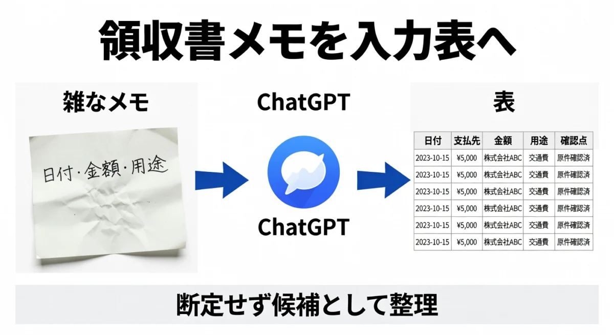 領収書メモを入力前テーブルへ変換する流れ