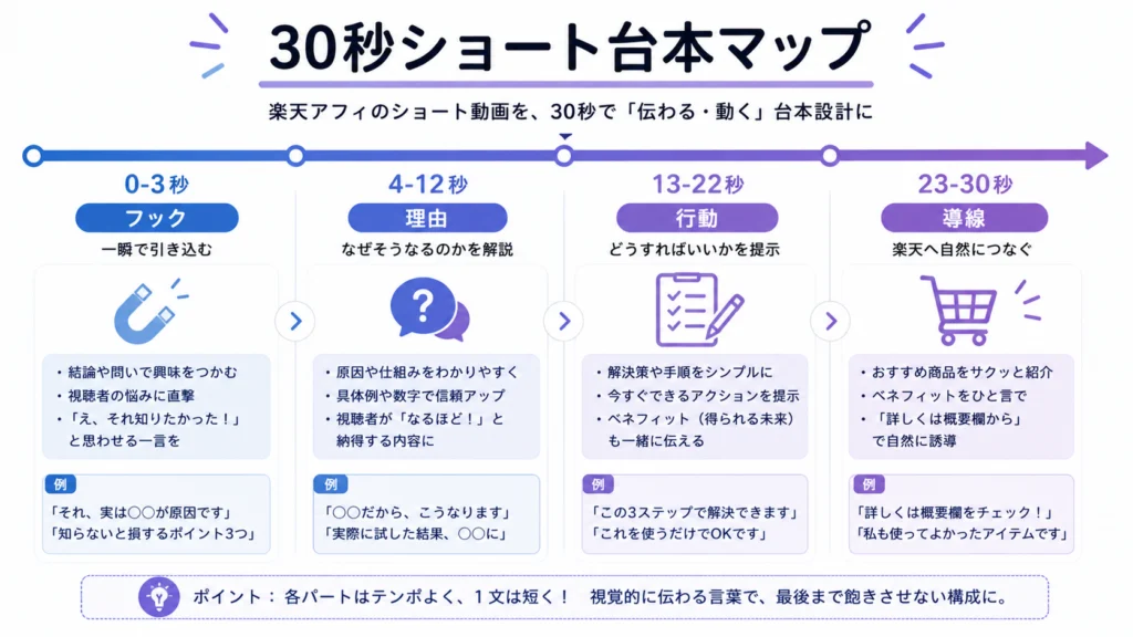 0秒から30秒までのショート動画台本タイムライン