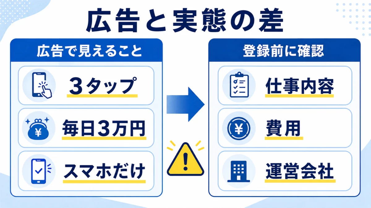 スリータップスの広告と登録前確認を比較した図解