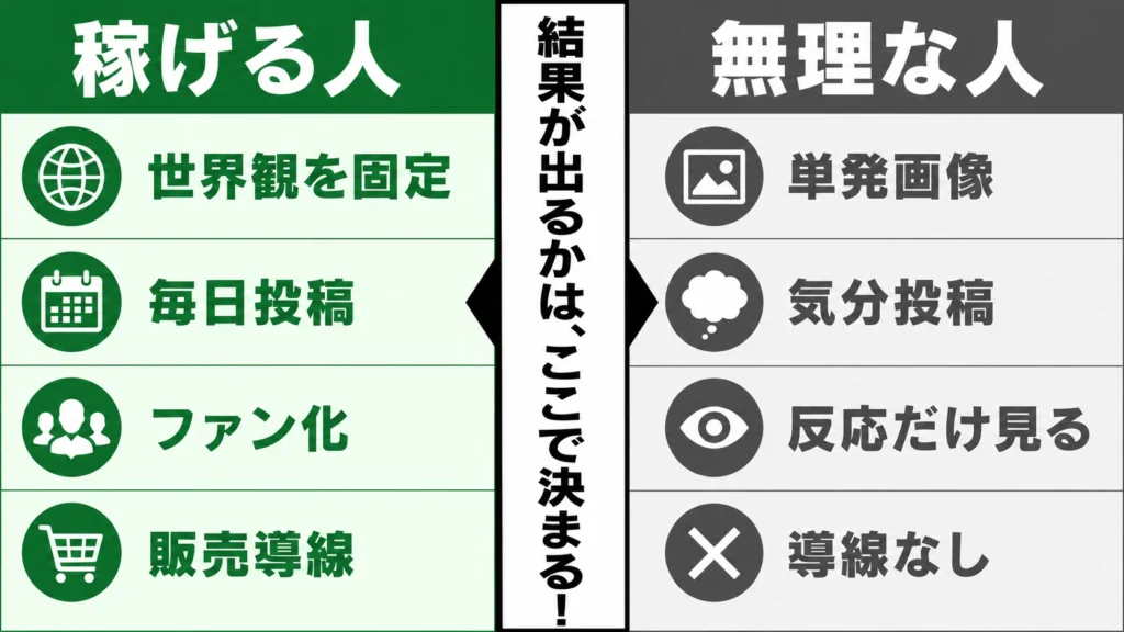 AI美女副業で稼げる人と無理な人 比較図