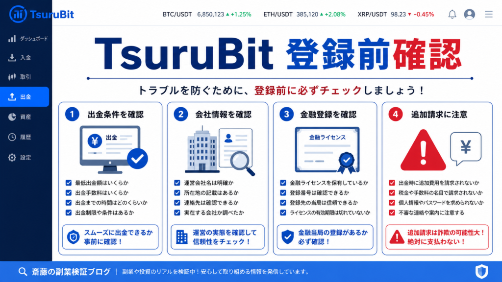 TsuruBitは登録前に何を見るべきか｜出金条件・運営情報・SNS投資勧誘の注意点